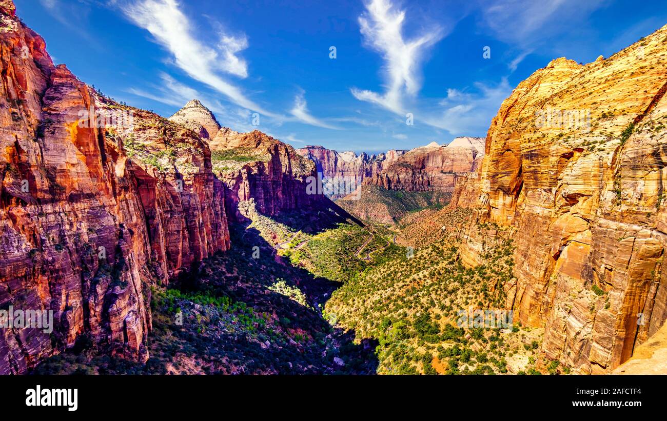 ion Canyon, with the Zion-Mount Carmel Highway on the canyon floor, viewed from the top of the Canyon Overlook Trail in Zion National Park in UT, USA Stock Photo