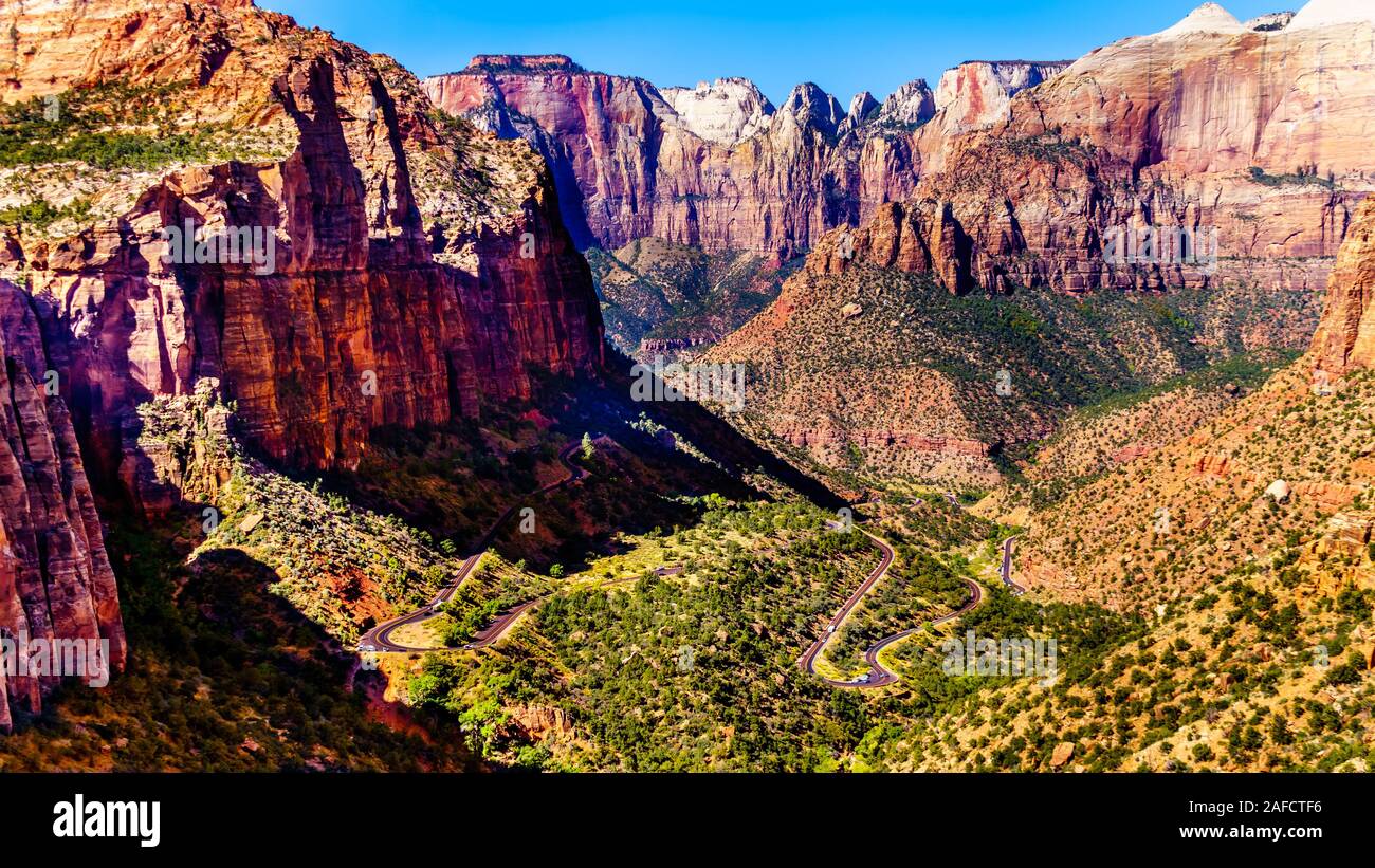 Zion Canyon, with the Zion-Mount Carmel Highway on the canyon floor, viewed from the top of the Canyon Overlook Trail in Zion National Park in UT, USA Stock Photo