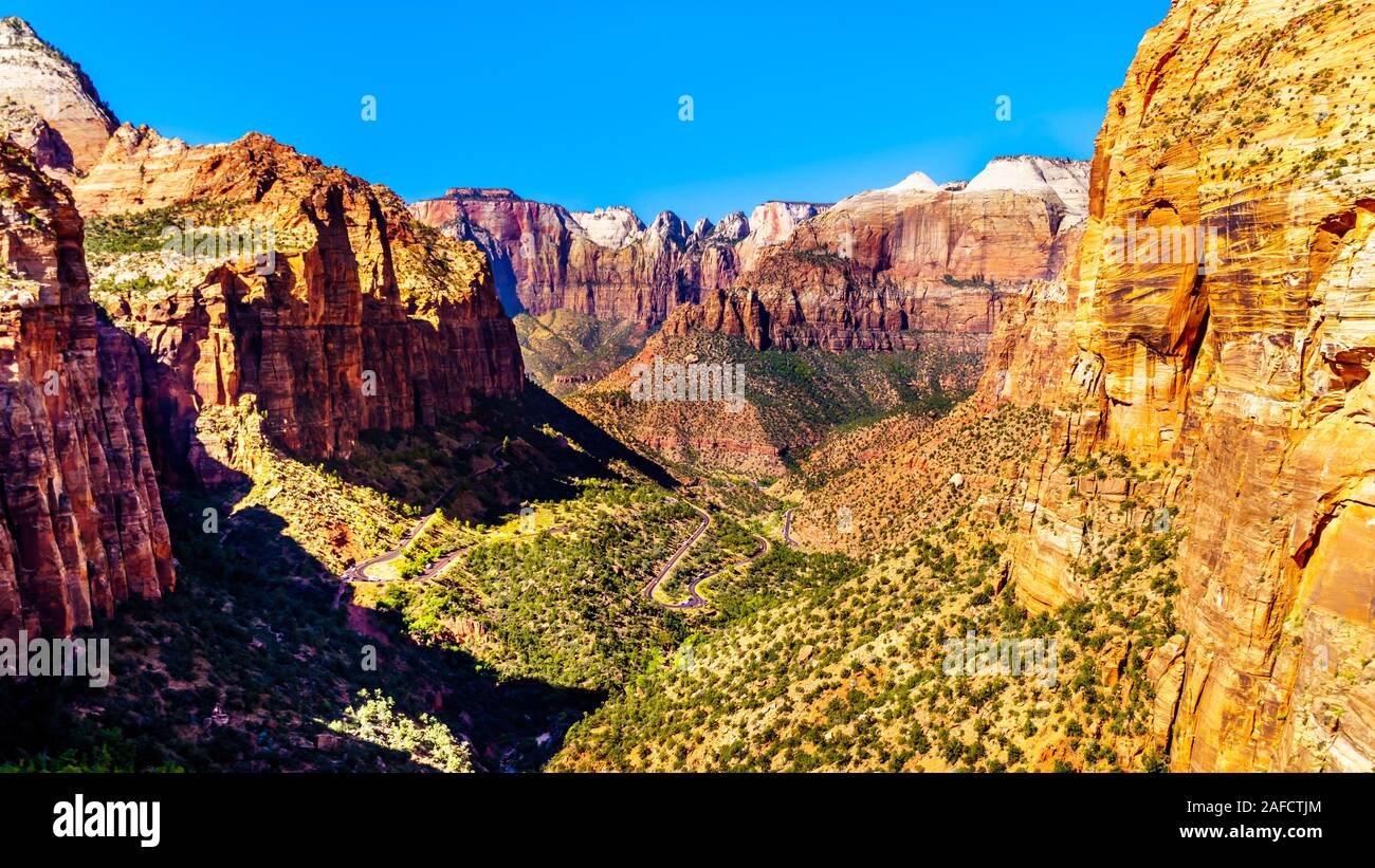 Zion Canyon, with the Zion-Mount Carmel Highway on the canyon floor, viewed from the top of the Canyon Overlook Trail in Zion National Park in UT, USA Stock Photo