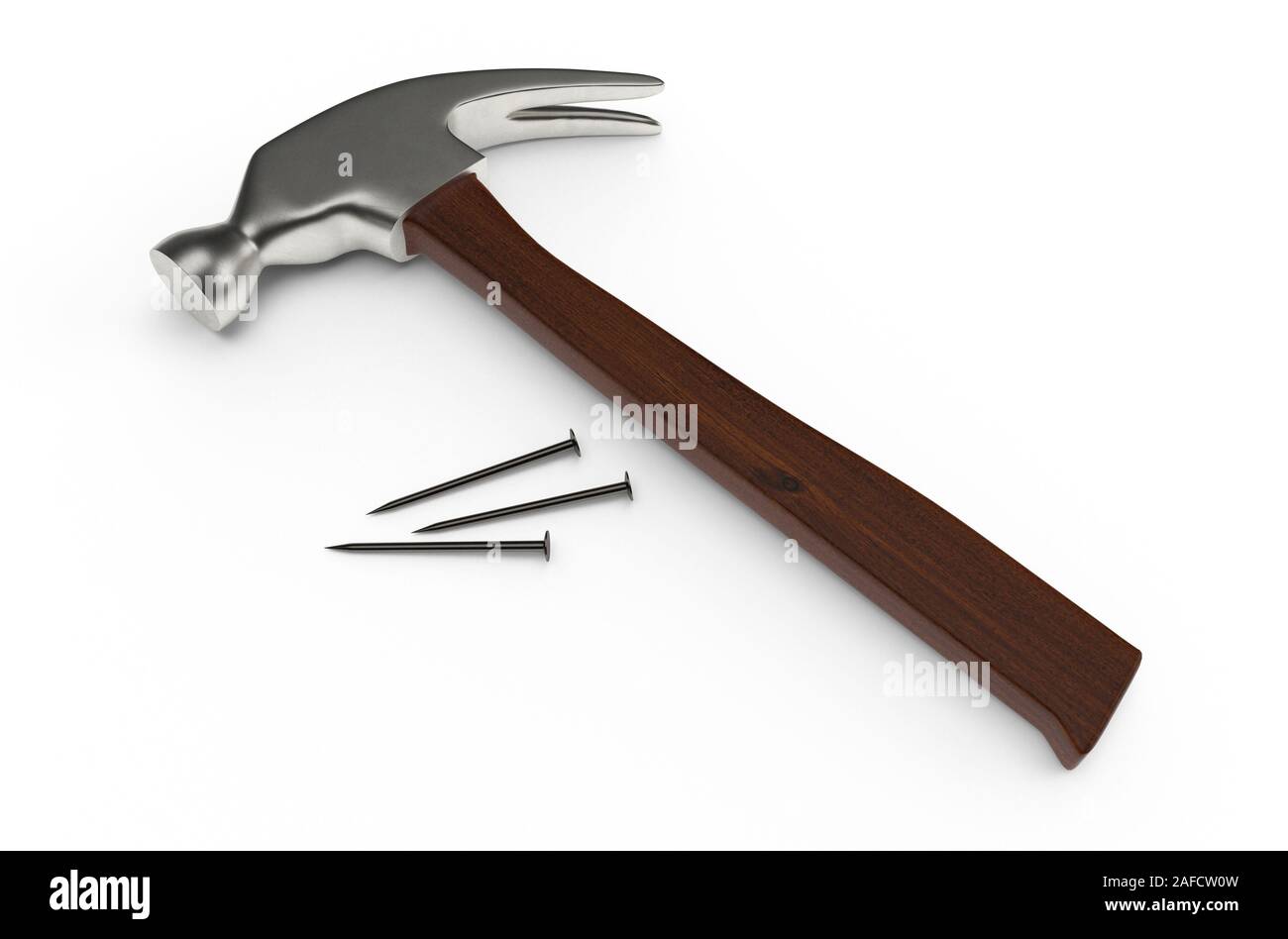 Hammer and nails on white surface. 3D rendering Stock Photo Alamy