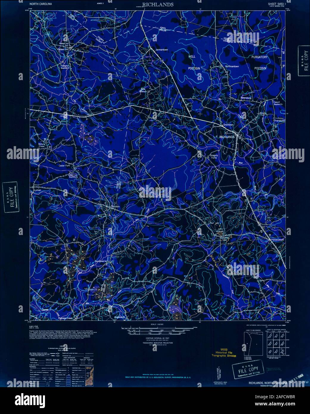 USGS TOPO Map North Carolina NC Richlands 164484 1948 62500 Inverted Restoration Stock Photo