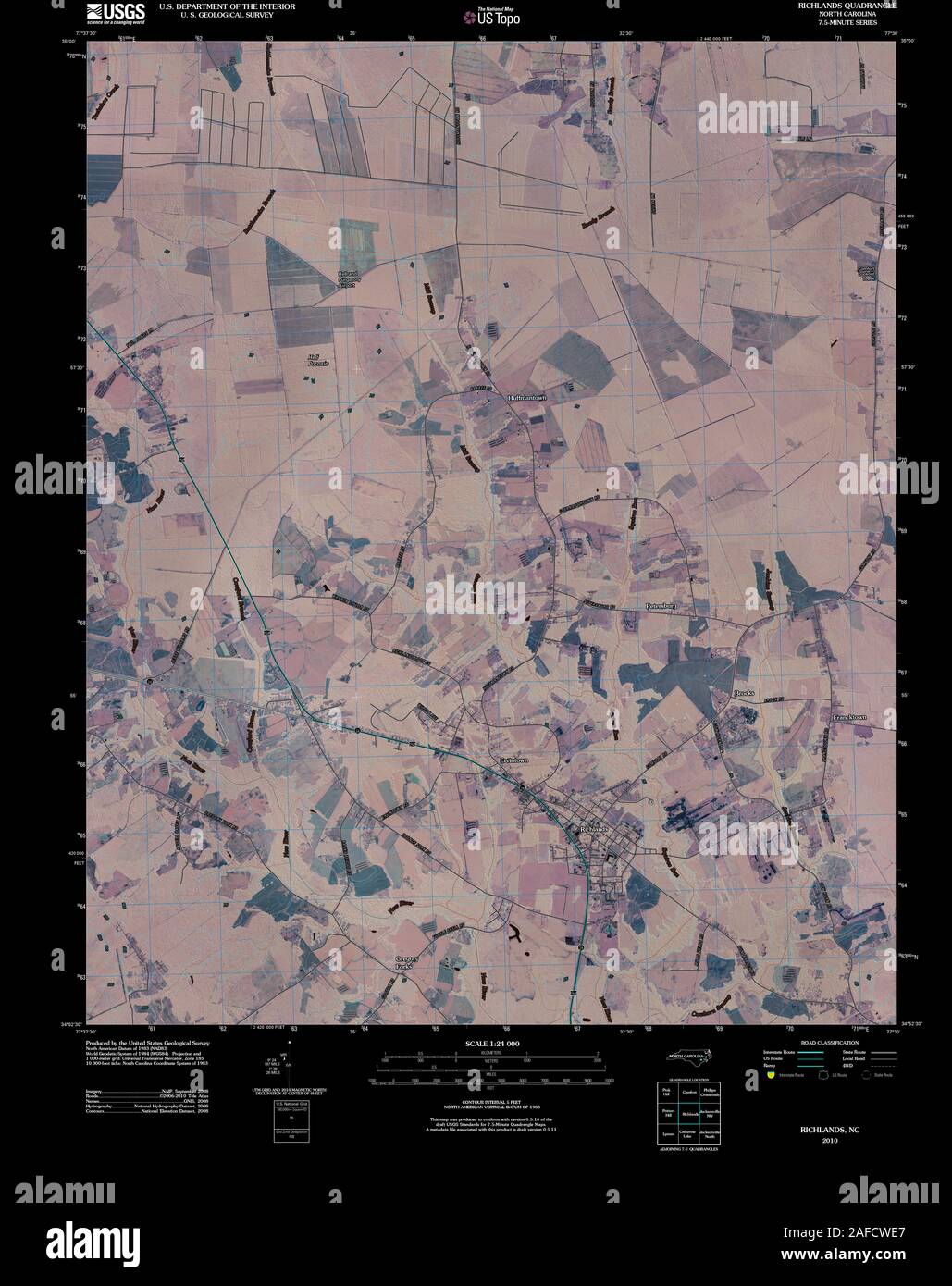 USGS TOPO Map North Carolina NC Richlands 20100827 TM Inverted Restoration Stock Photo