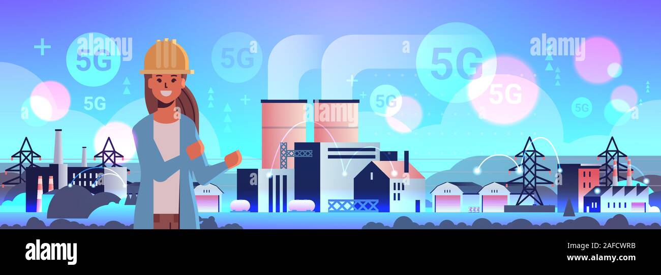 female engineer working on manufacturing factory 5G online wireless