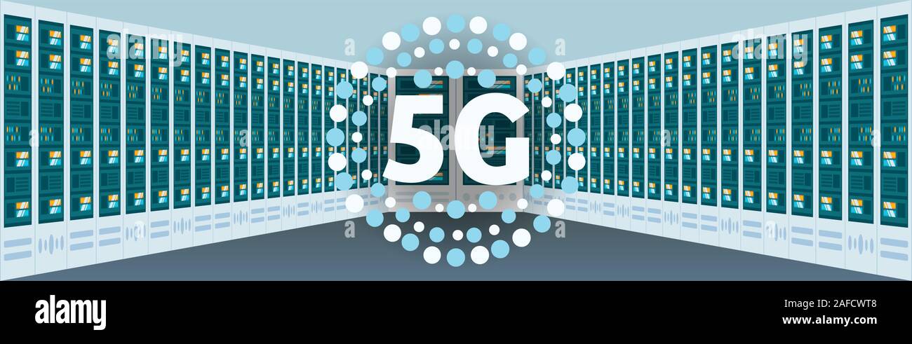 data center hosting server protection 5G online network wireless database technology systems connection concept horizontal vector illustration Stock Vector