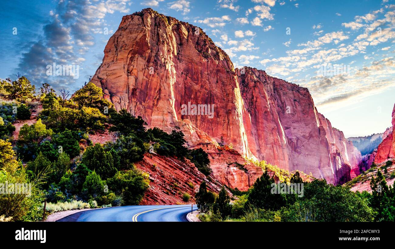 Sunrise over the Red Rocks of Buck Pasture Mountain at Lee Pass in the Kolob Canyon, the north western area of Zion National Park, Utah, United States Stock Photo