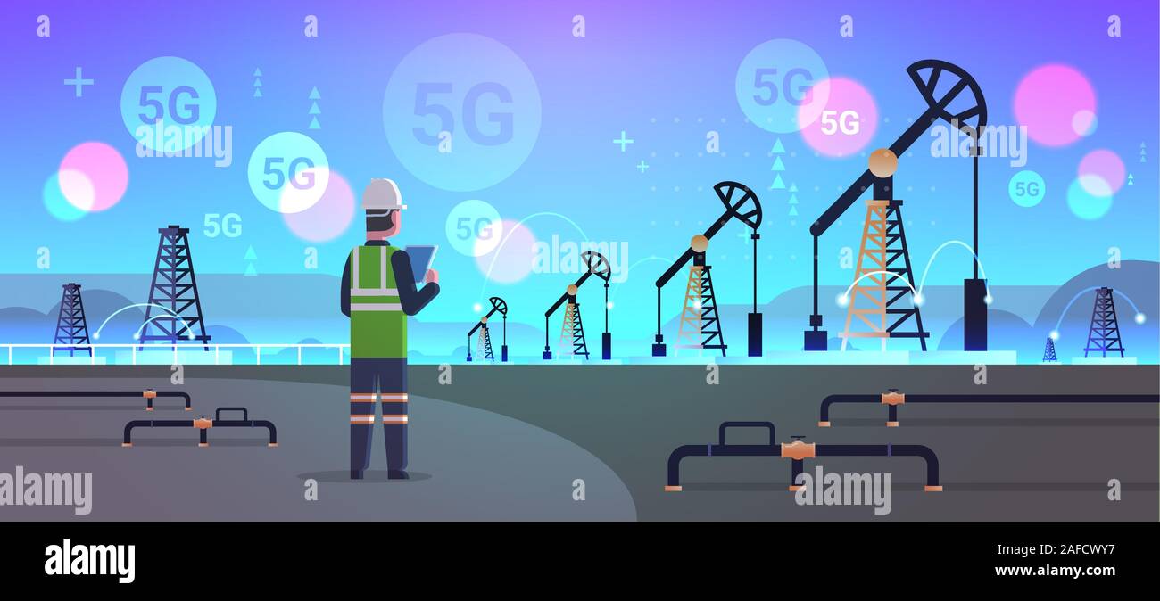 engineer refinery worker using tablet 5G online wireless system connection oil pump rig energy industrial zone oil drilling fossil fuels production concept horizontal full length vector illustration Stock Vector