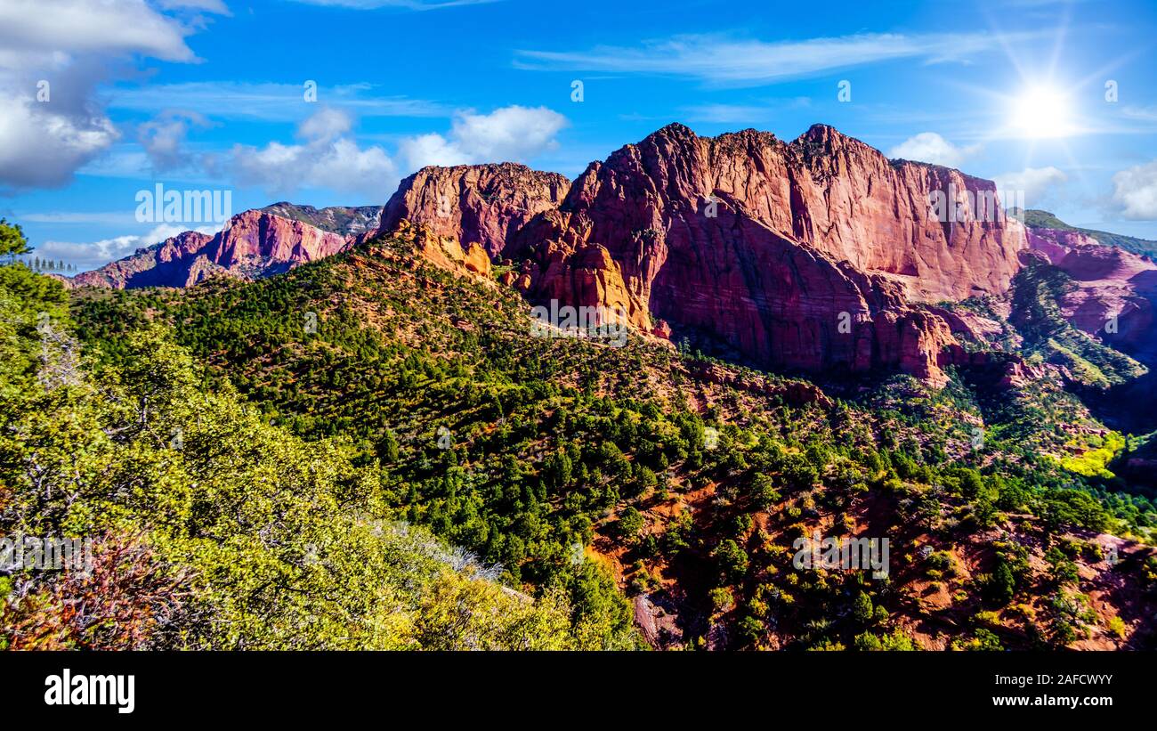 Sunrise over the red rocks of Timber Top Mountain in the Kolob Canyon part of Zion National Park, Utah, United Sates. From the Timber Creek Lookout Stock Photo