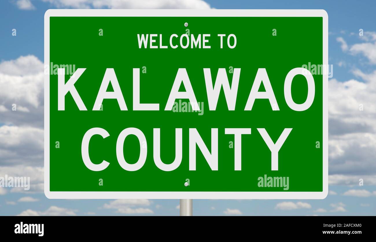 Rendering of a green 3d highway sign for Kalawao County Stock Photo