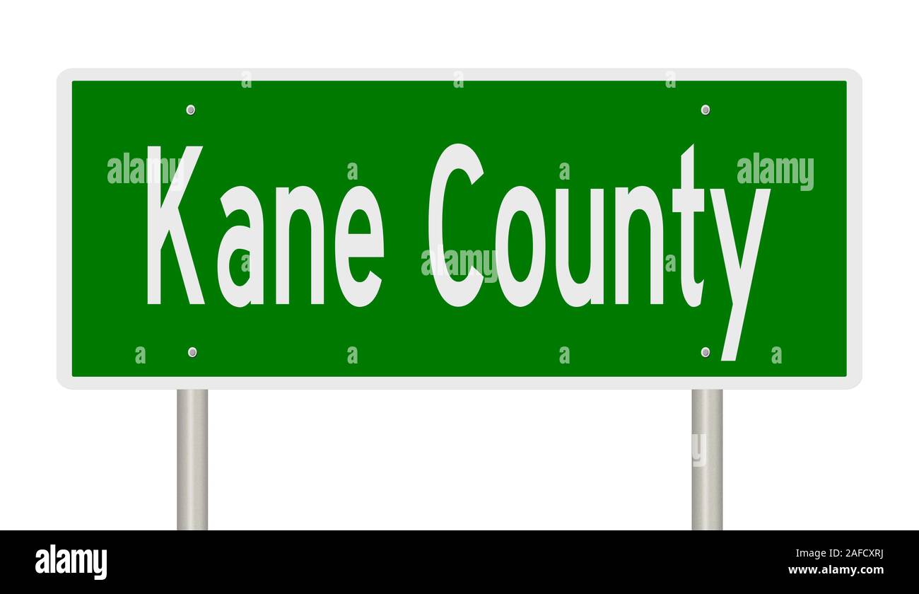 Rendering of a green 3d highway sign for Kane County Stock Photo