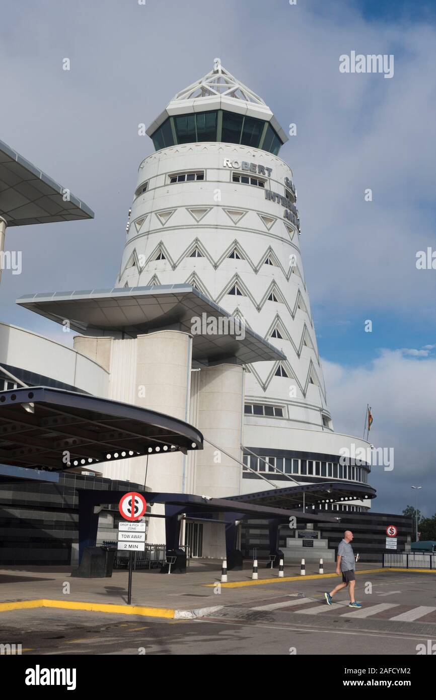 Harare, Zimbabwe. The control tower of the Robert Gabriel Muabe international airport, designed to resemble the conical tower the Great Zimbabwe ruin. Stock Photo