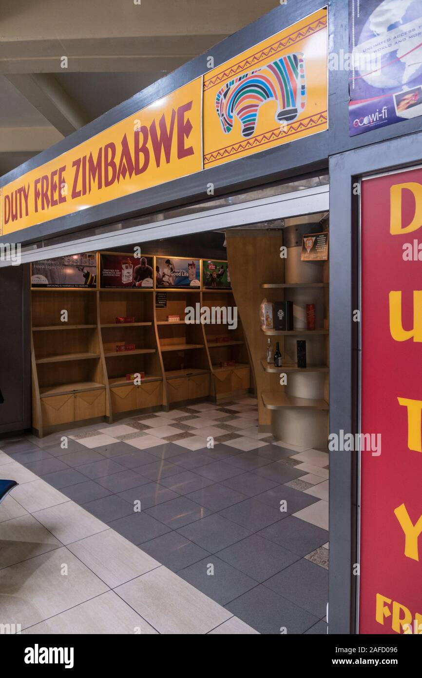 Robert Mugabe International Airport, Harare, Zimbabwe. An almost empty Duty free shop during the economic crisis of late 2019. Stock Photo