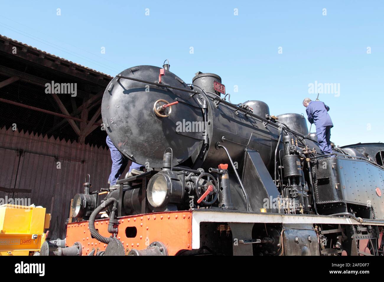 Chaves, Portugal - July 25, 2009: Old steam locomotive seeing his crew ...