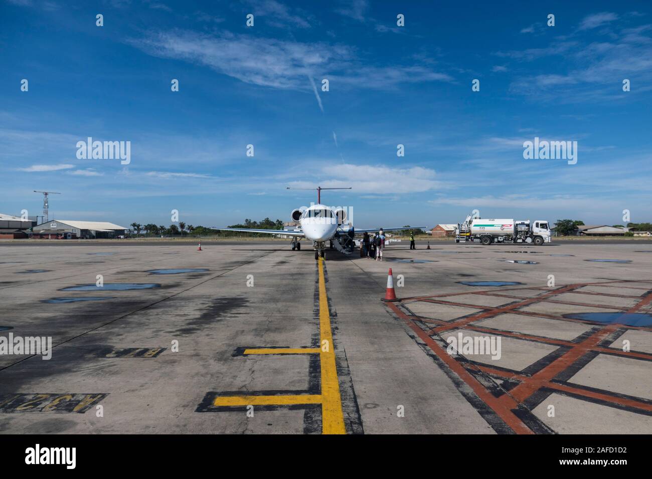Harare, Zimbabwe. a Fastjet Embraer-145 plane in the Robert Gabriel Mugabe airport. Stock Photo