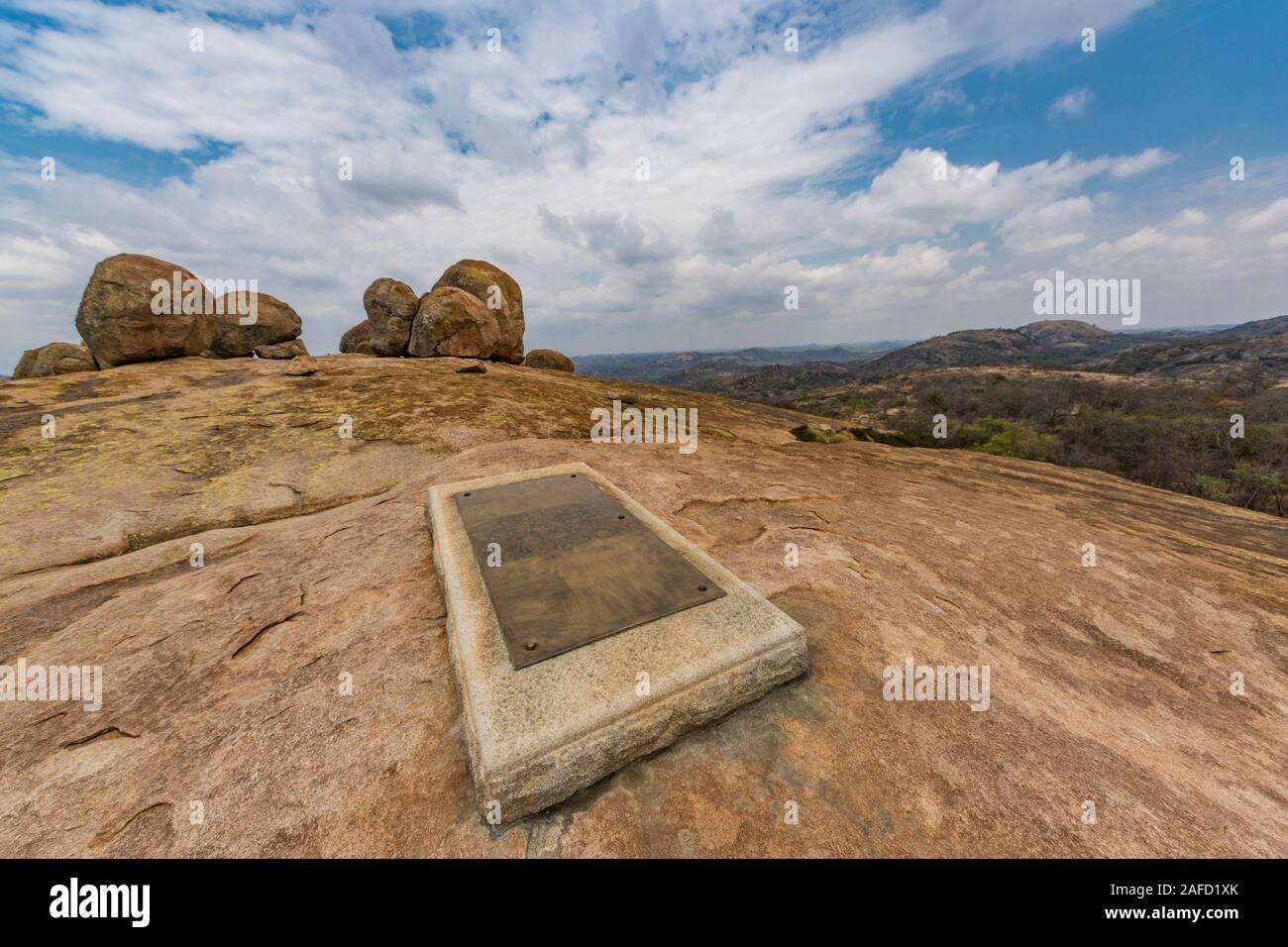 Matobo Hills (formerly Matopos) National Park, Zimbabwe. The Grave of one of Cecil Rhodes's aides in 'World's view', a hill towering above the park. Stock Photo
