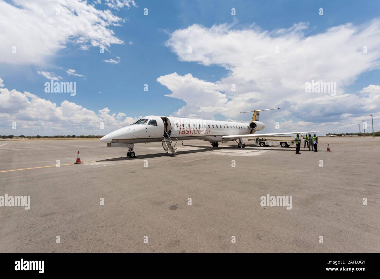 Harare, Zimbabwe. a Fastjet Embraer-145 plane in the Robert Gabriel Mugabe airport. Stock Photo