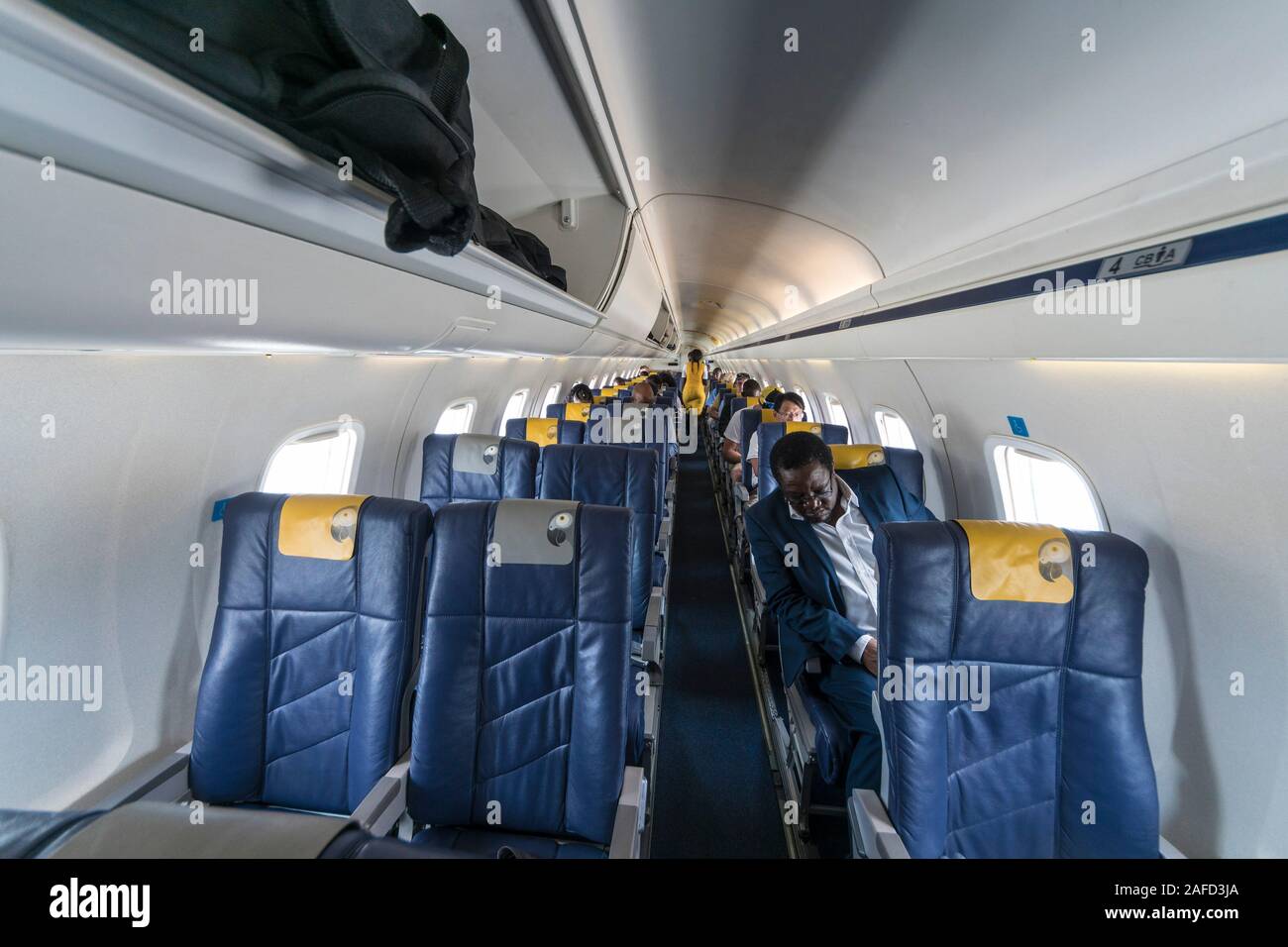Zimbabwe. The interior of a Fastjet Embraer-145 plane during a flight from Victoria falls to Harare. Stock Photo