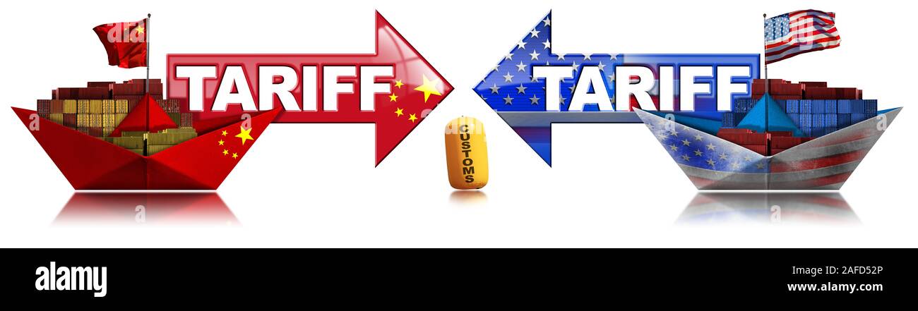 USA and China trade war concept. Two cargo container ships with ...