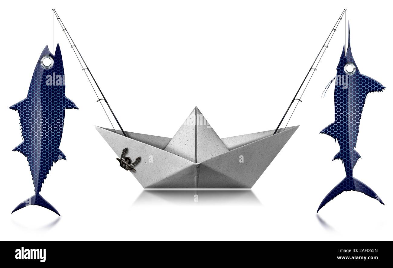 Big game fishing concept. Paper trolling boat with two fishing rods and  caught fishes, a tuna and a swordfish, Isolated on white background Stock  Photo - Alamy, image size:1300x887