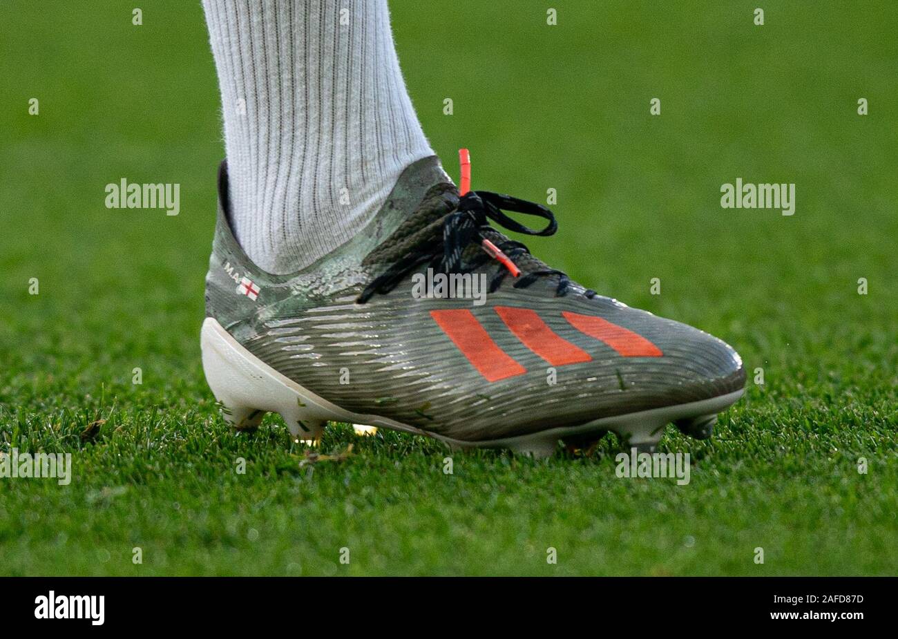 Leicester, UK. 14th Dec, 2019. The Adidas X football boot of Max Aarons of  Norwich City during the Premier League match between Leicester City and  Norwich City at the King Power Stadium,