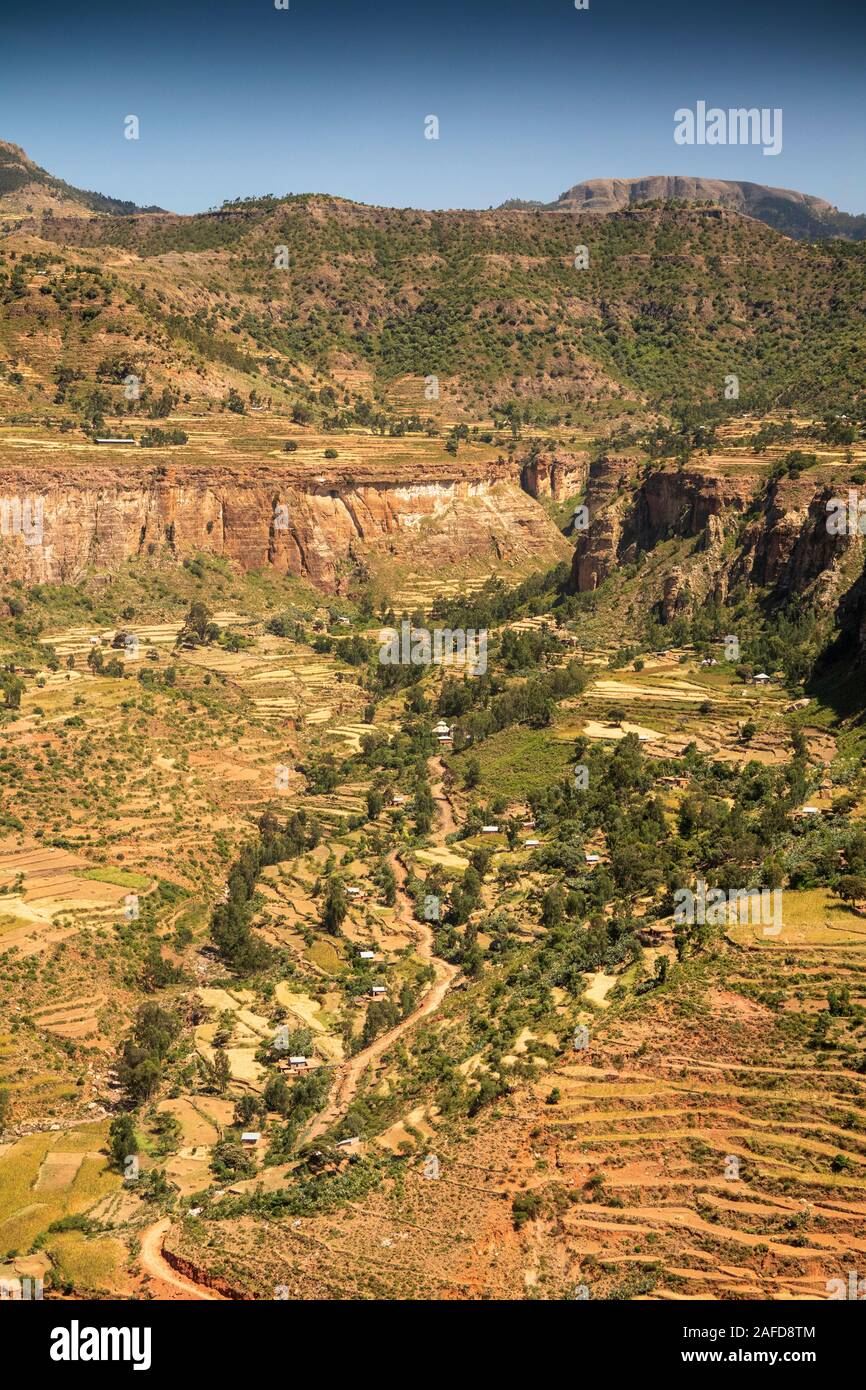 Ethiopia, Tigray, Adigrat, terraced agricultural fields up steeply