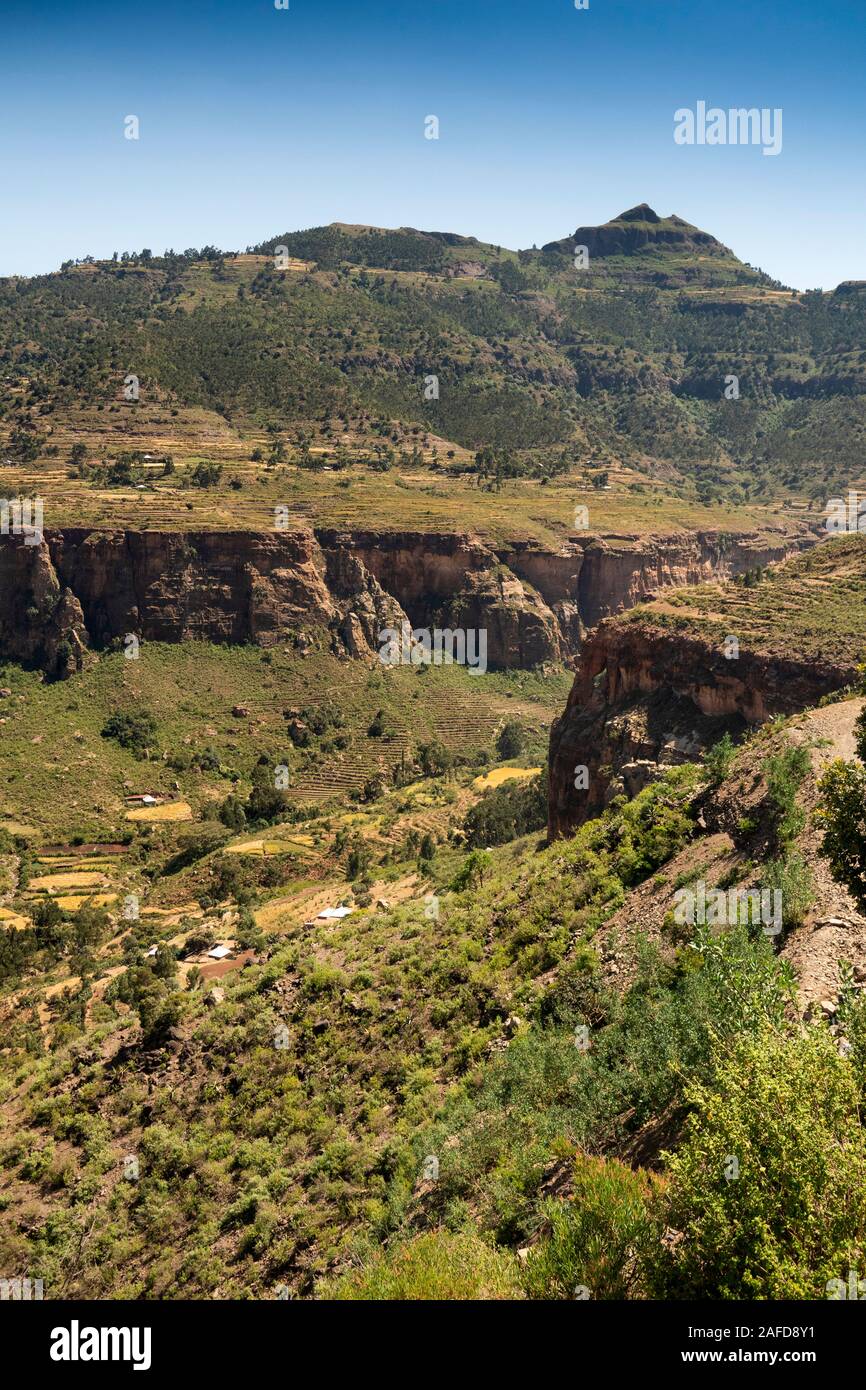 Ethiopia, Tigray, Adigrat, terraced agricultural fields in rocky gorge Stock Photo