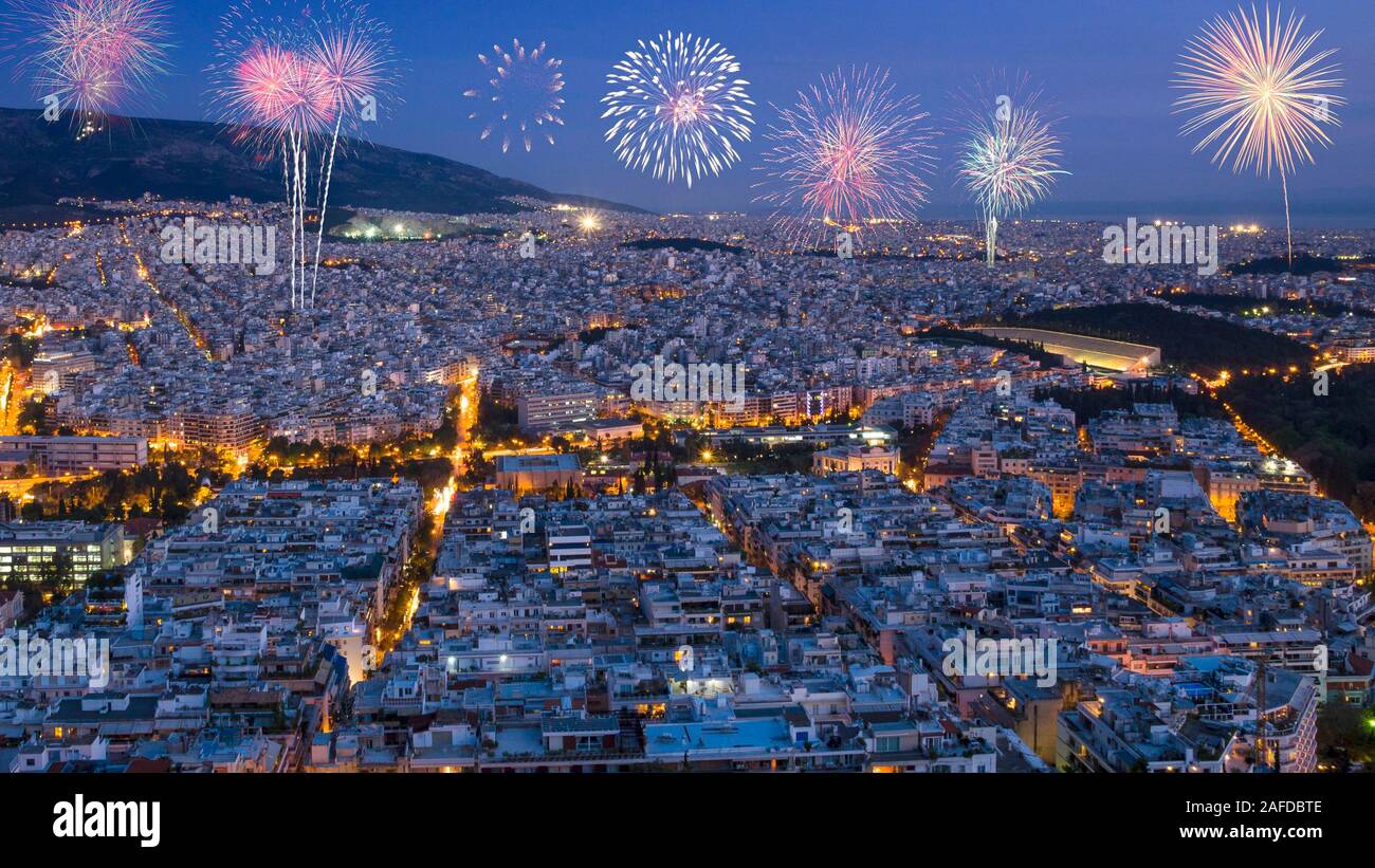 Happy New Year fireworks over Athens city skyline. Greece, Europe Stock