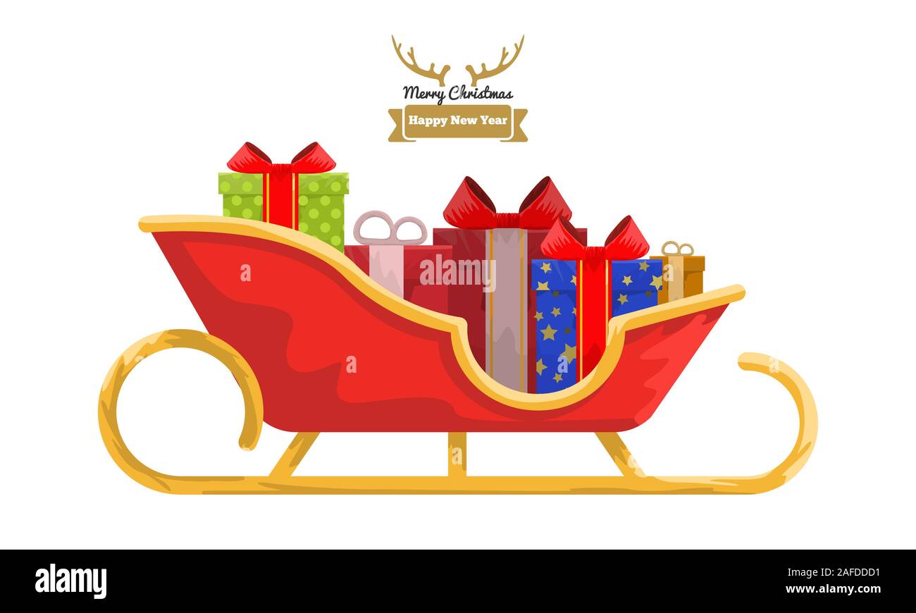 Santa sleigh full of colored gift boxes with cartoon style. Flat and solid color illustration. Stock Photo