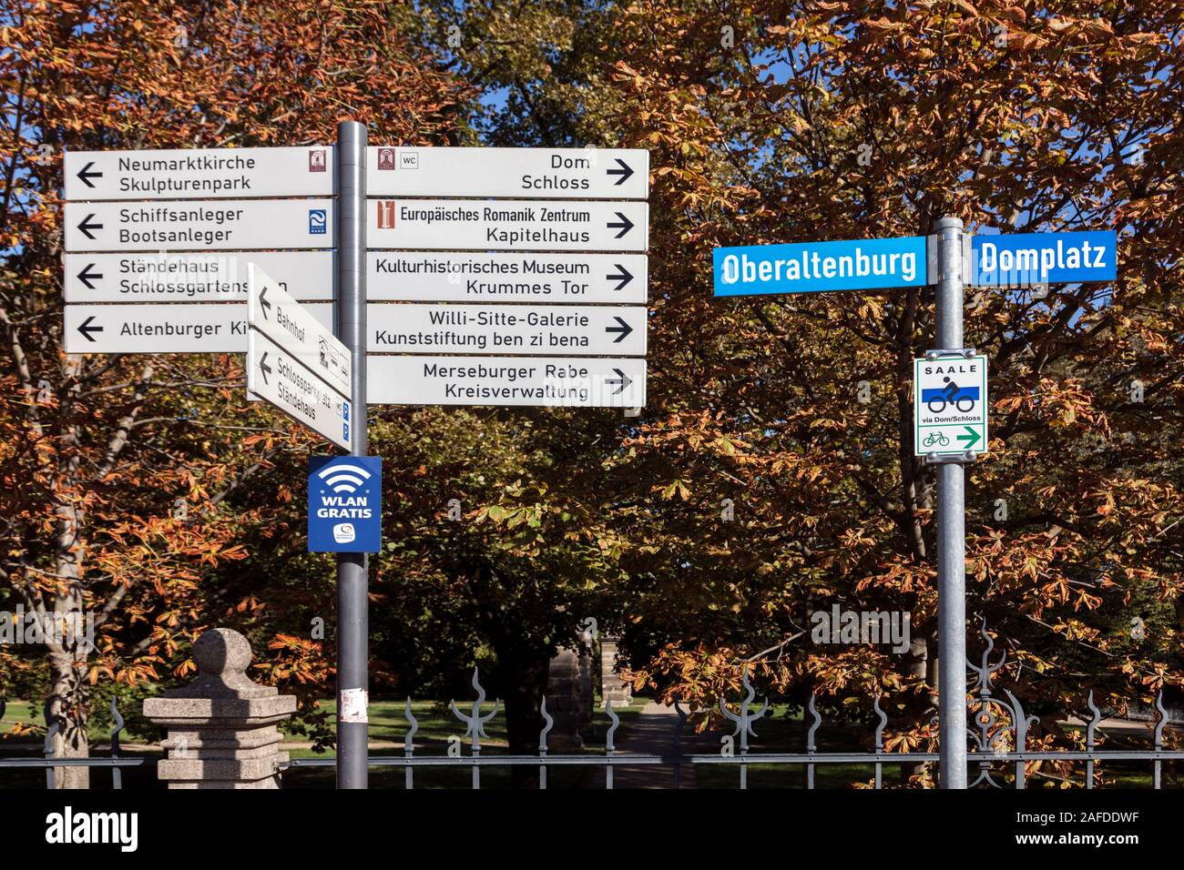 Signpost in the historic city center of Merseburg Stock Photo