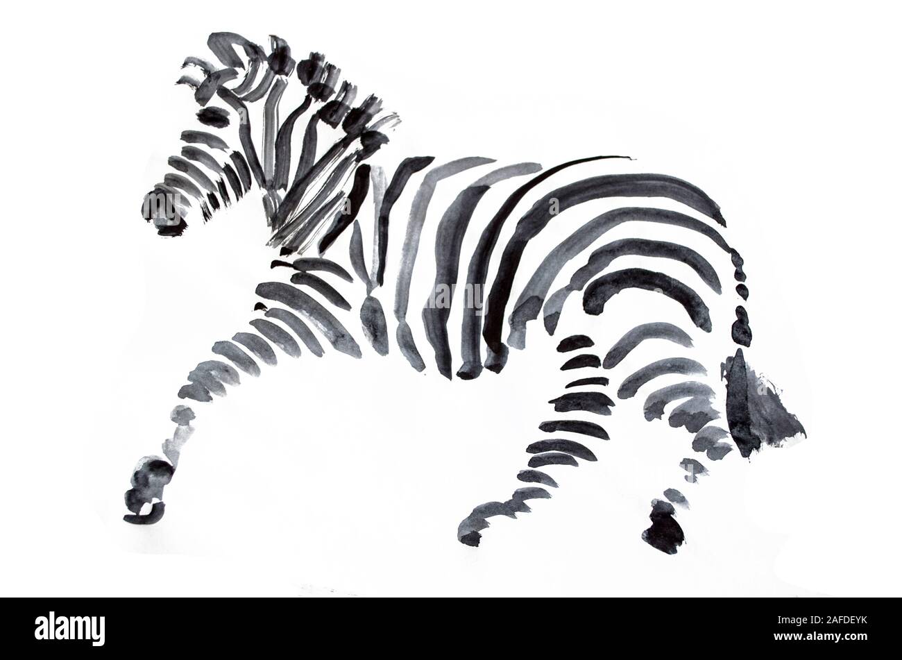 Zebra drawing with artistic black mascara. Animal sketch on white background. Stock Photo