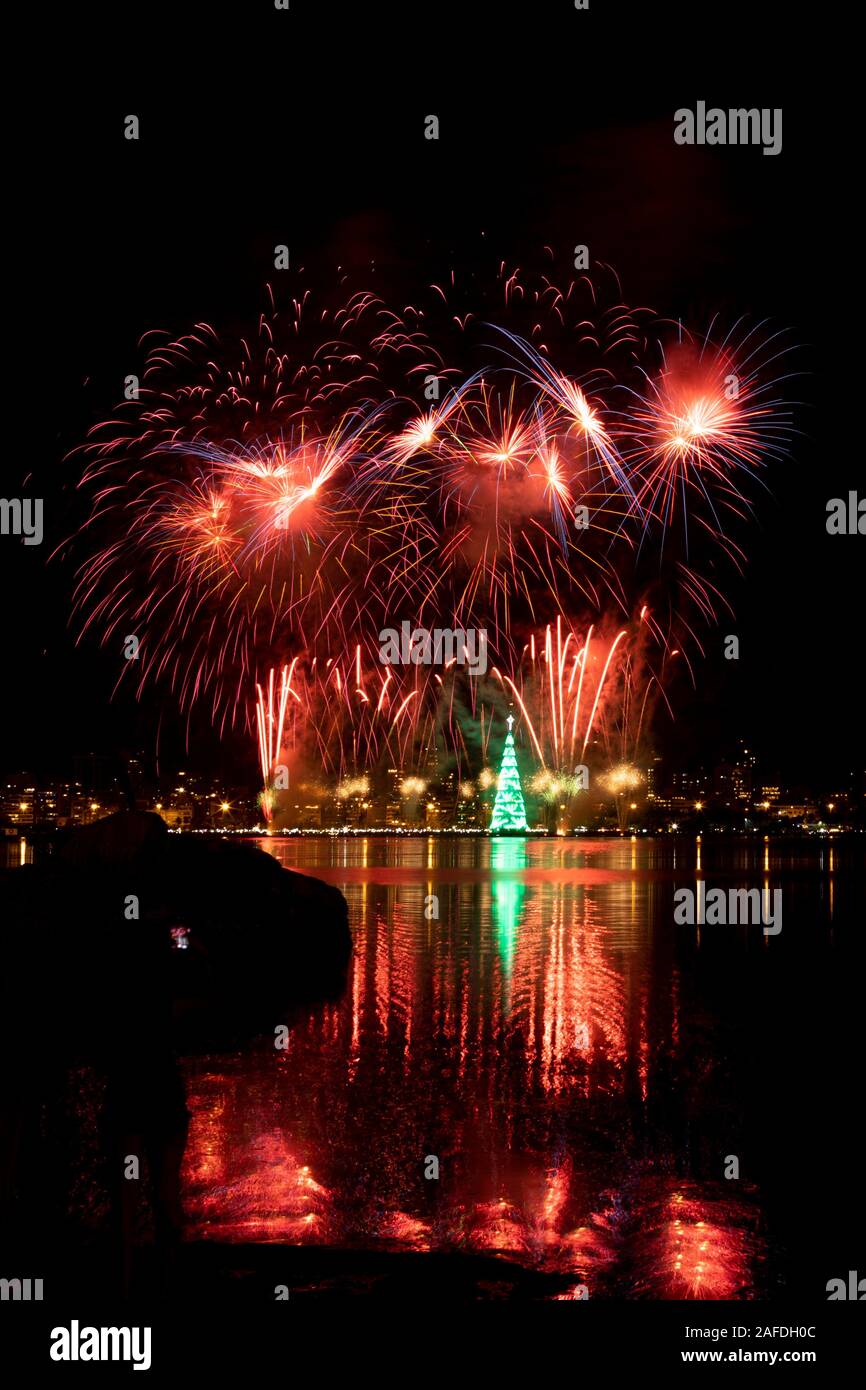 Inauguration of the floating Christmas tree with fireworks reflecting