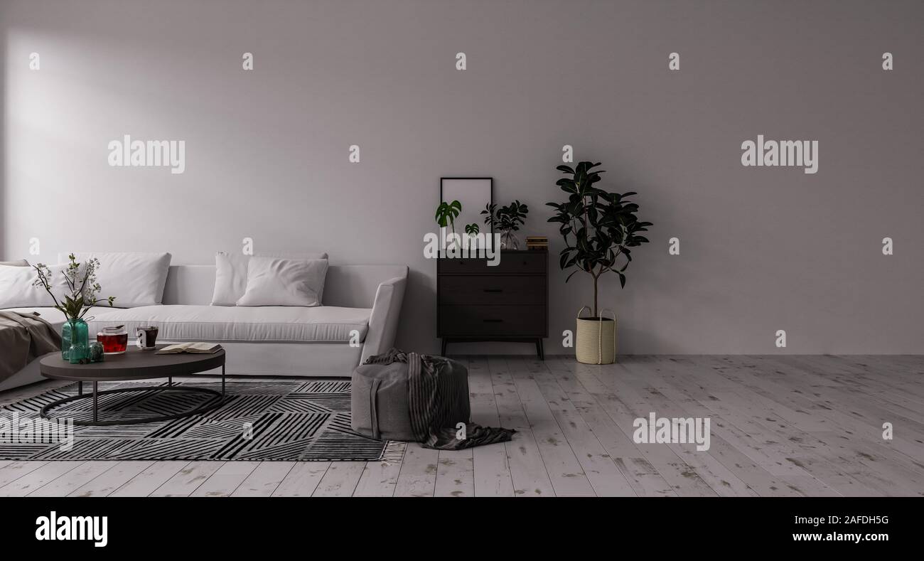 Modern interior design of a living room in an apartment, house, office, comfortable sofa, fresh flowers and bright modern interior details and sunbeam Stock Photo