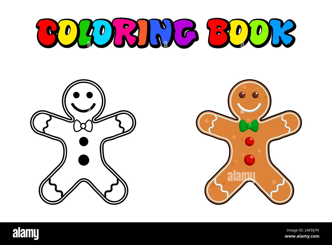 Gingerbread man coloring book, pages. Christmas baking decorated colored icing. Holiday biscuit cookies in shape of cute human. Vector illustration is Stock Vector