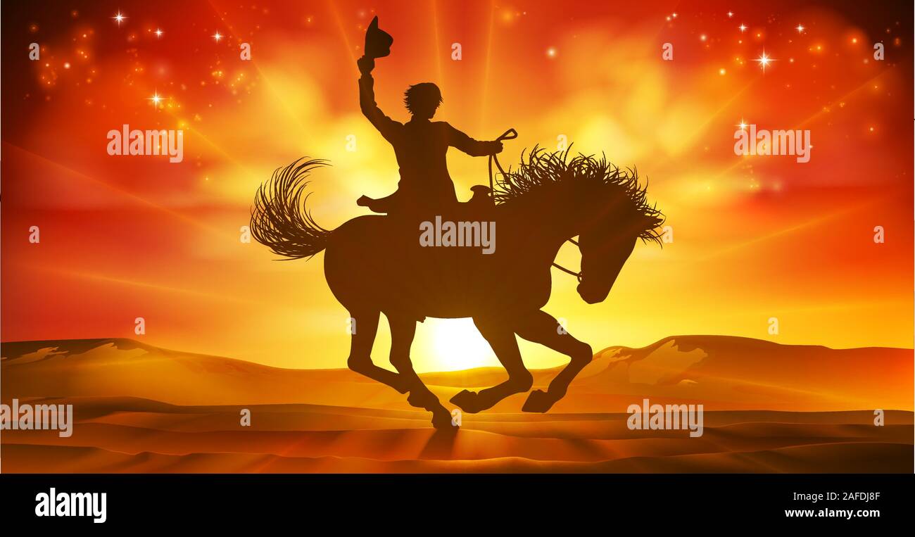 Cowboy Riding Horse Silhouette Sunset Background Stock Vector