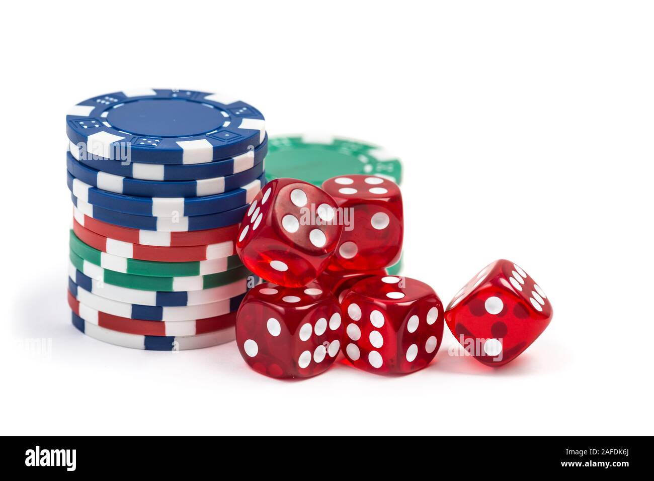Group of red gambling casino dice and chips isolated on white background Stock Photo