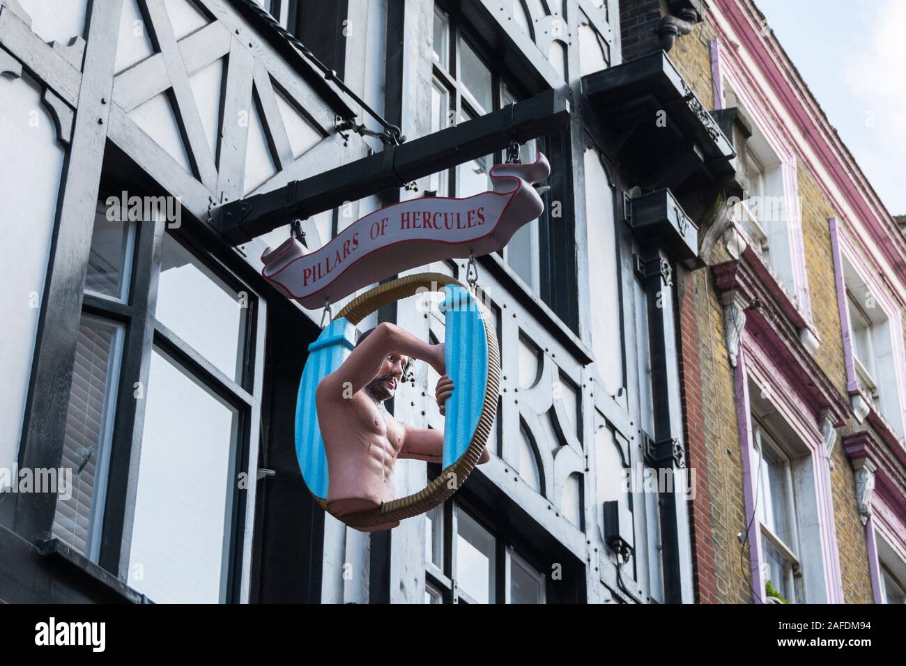 The mockTudor frontage of the Pillars of Hercules public house, Greek