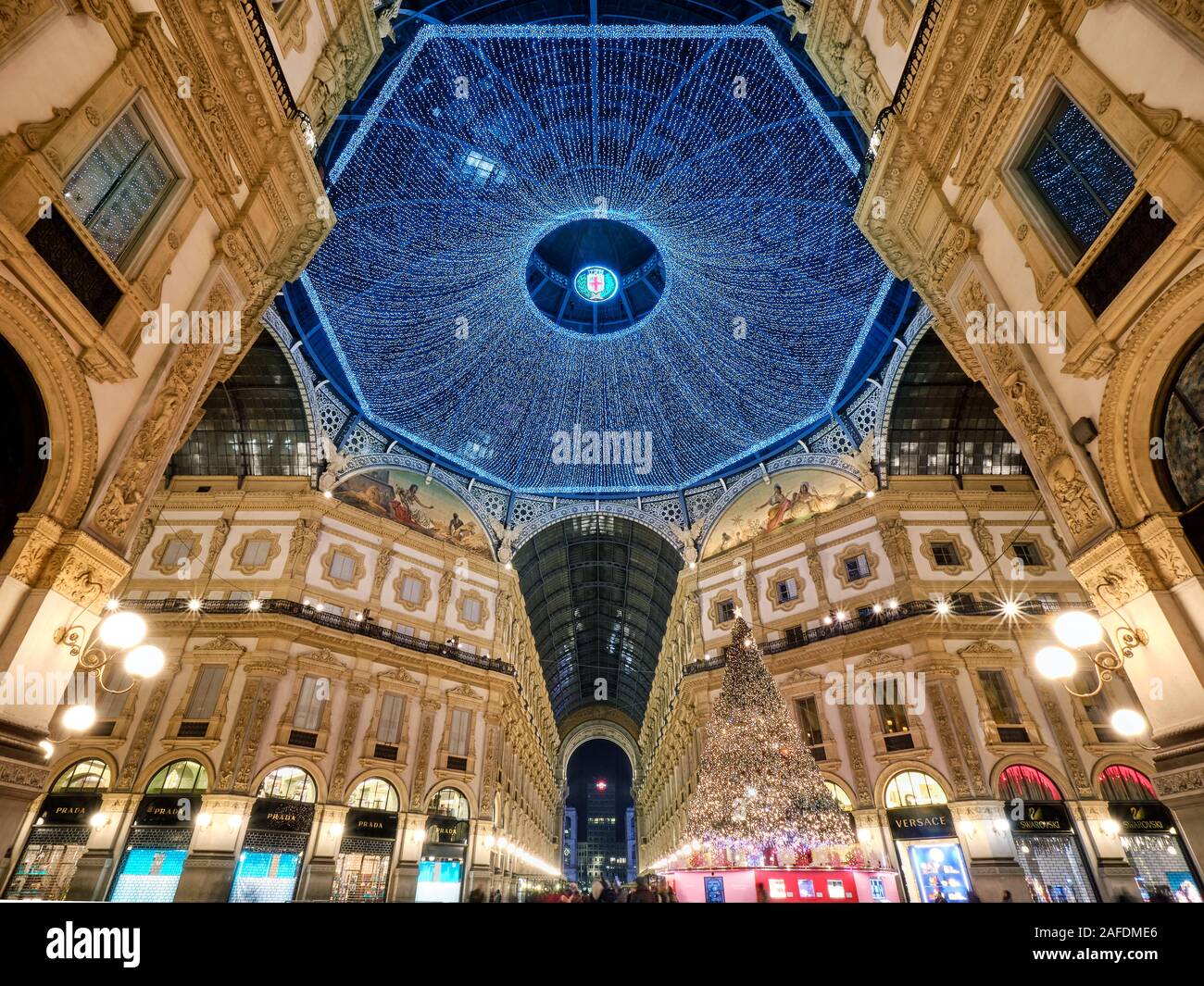 Milan, Italy - December 10 2019: The dome of Galleria Vittorio Emanuele II shopping mall illuminated for Christmas, Italy Stock Photo