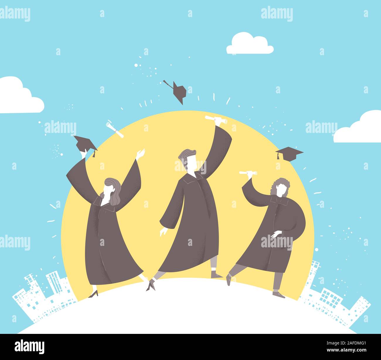 Illustration of Graduates Throwing Caps and Diploma in the Air with the Sun and Building Behind Stock Photo