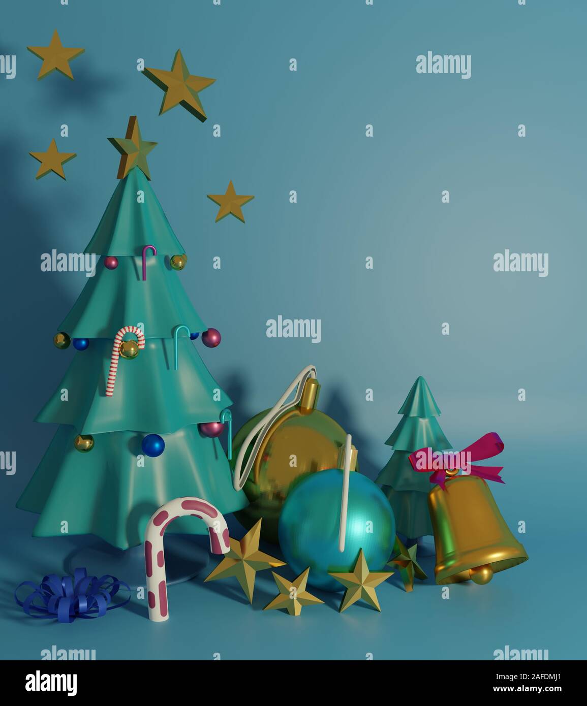 Christmas tree and assessory for decoration on blue background. Merry