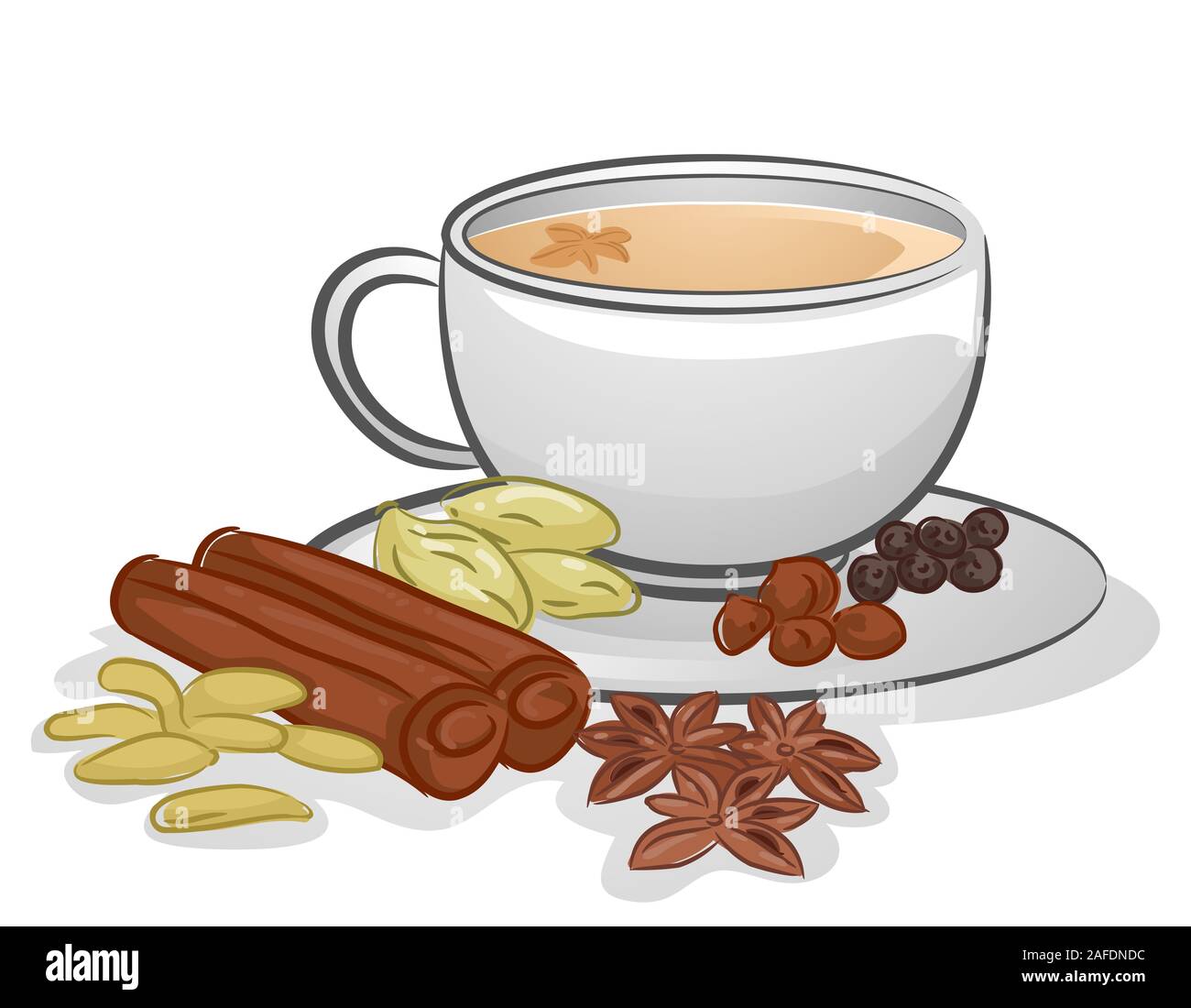 Illustration of a Cup of Chai Tea with Cinnamon Sticks, Star Anise and