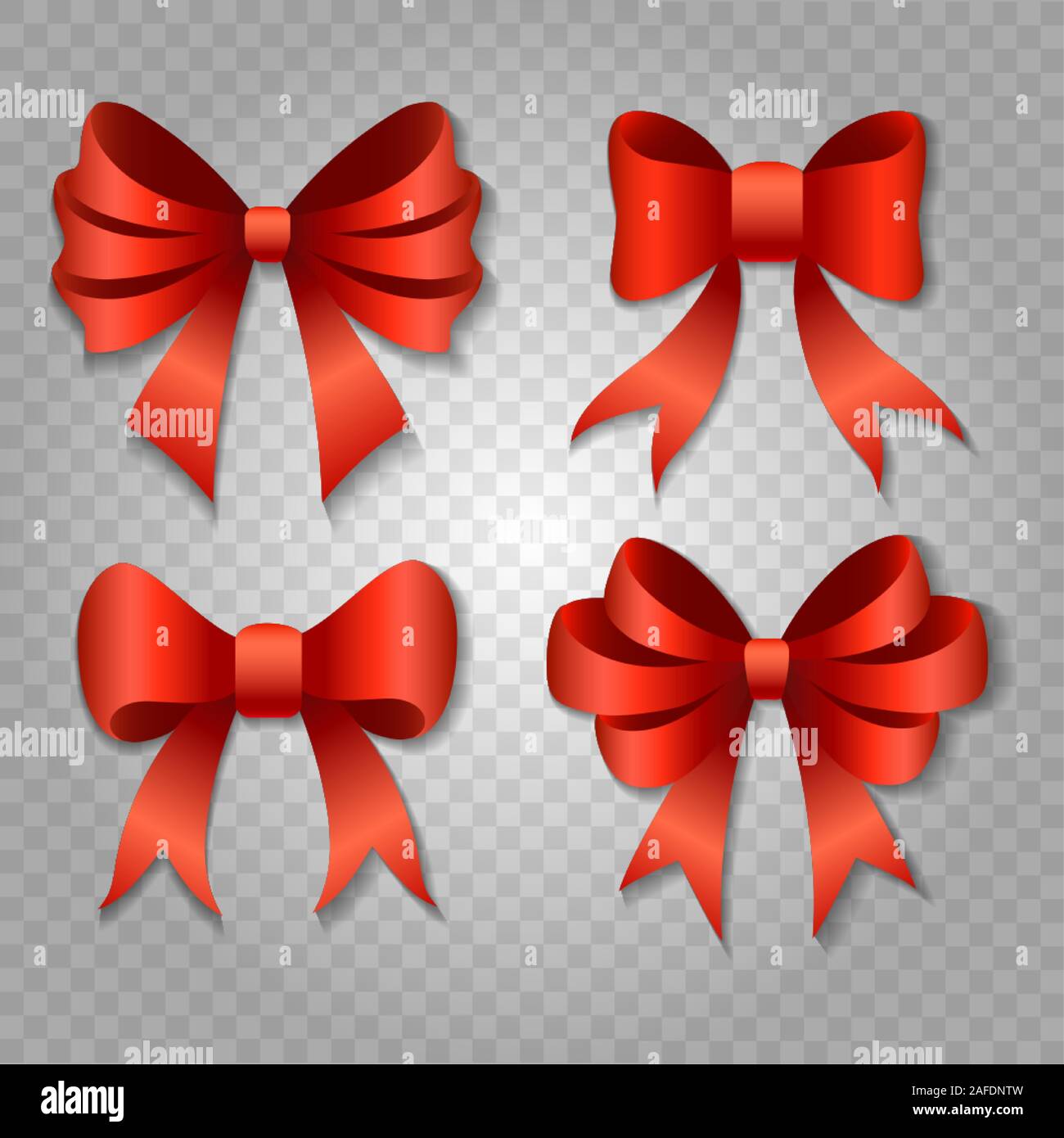 Red bows withshadows. Decoration elements isolated on transparent background. Vector ilustration Stock Vector