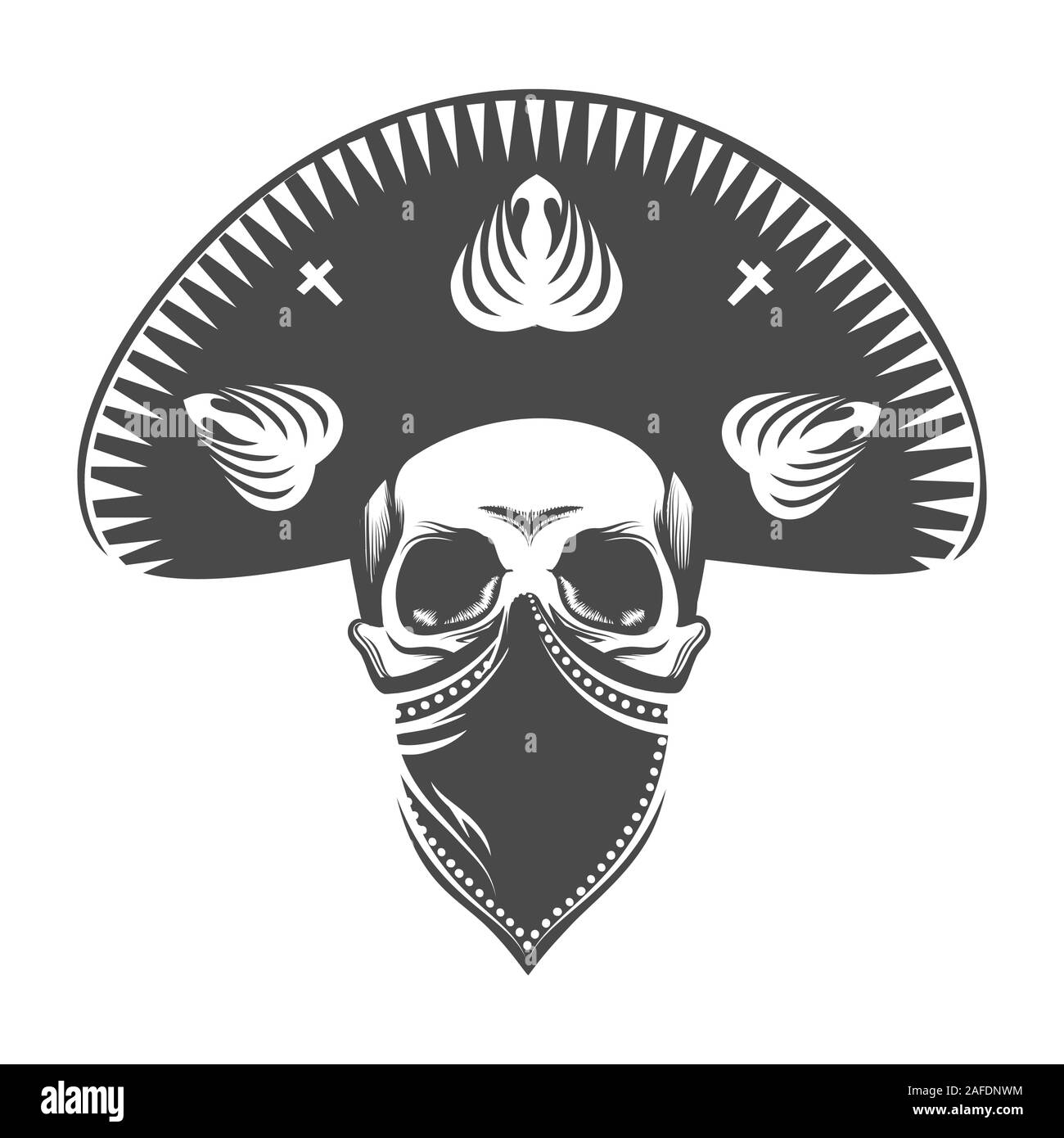 Mexican skull in sombrero. Bandit skull in hat and bandanna. Stock Vector