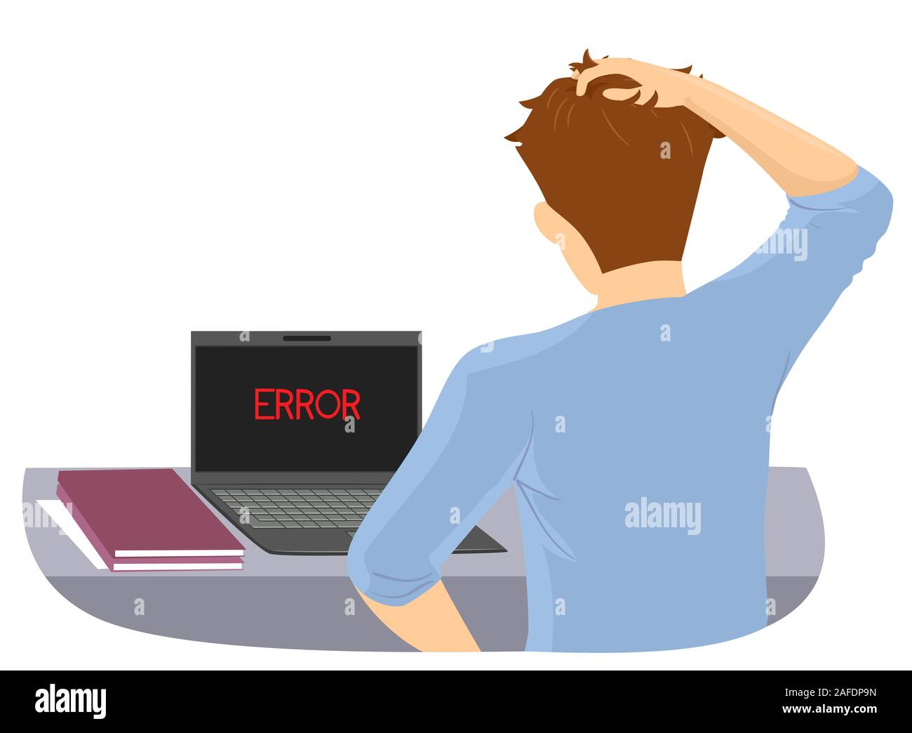 Illustration of a Teenage Guy Scratching His Head with Laptop with Error on Screen. Millennial Gap, No Knowledge in Basic Computer Troubleshooting Stock Photo