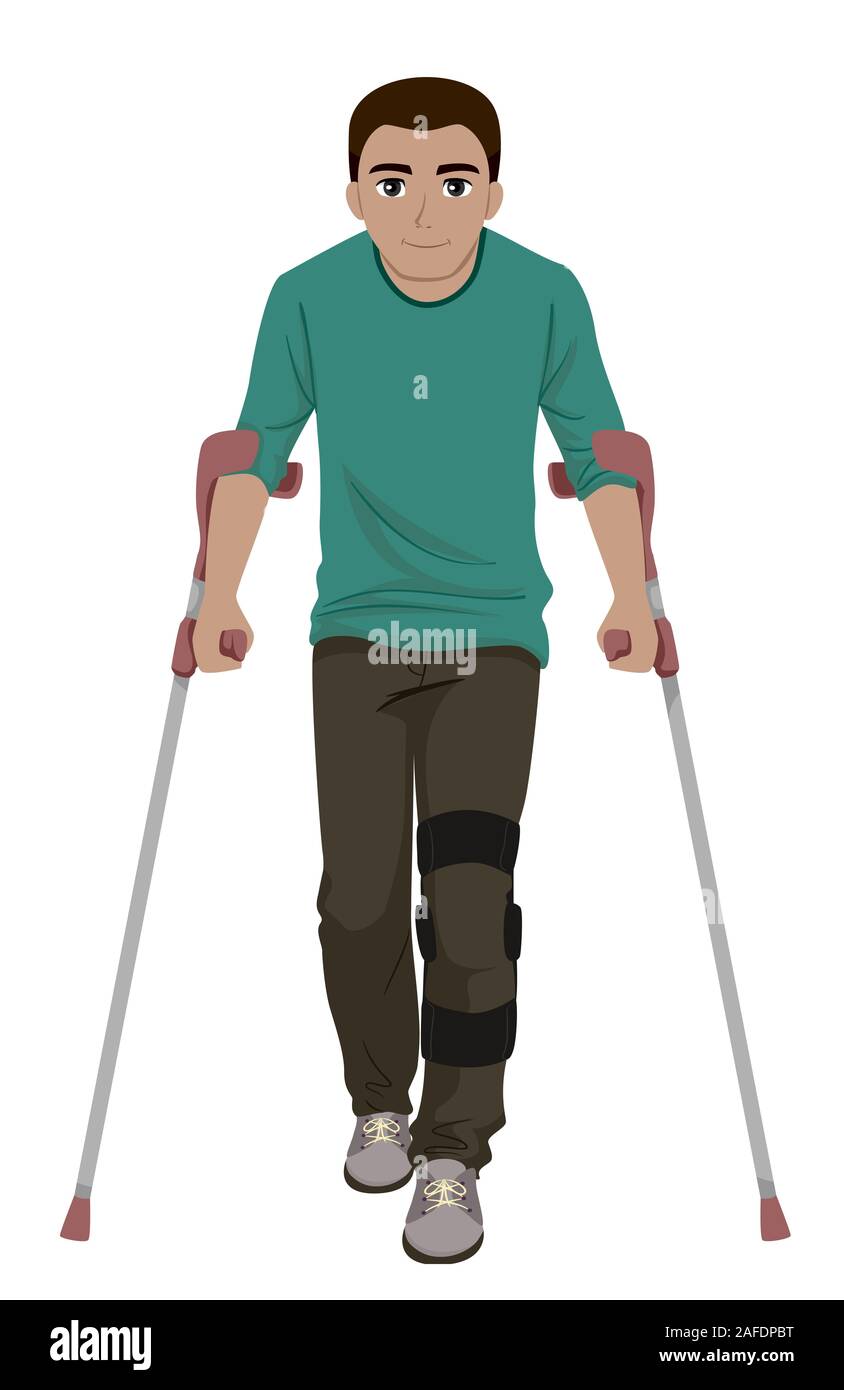 Illustration of a Teenage Guy Walking with Crutches and a Leg Brace on His  Left Leg Stock Photo - Alamy