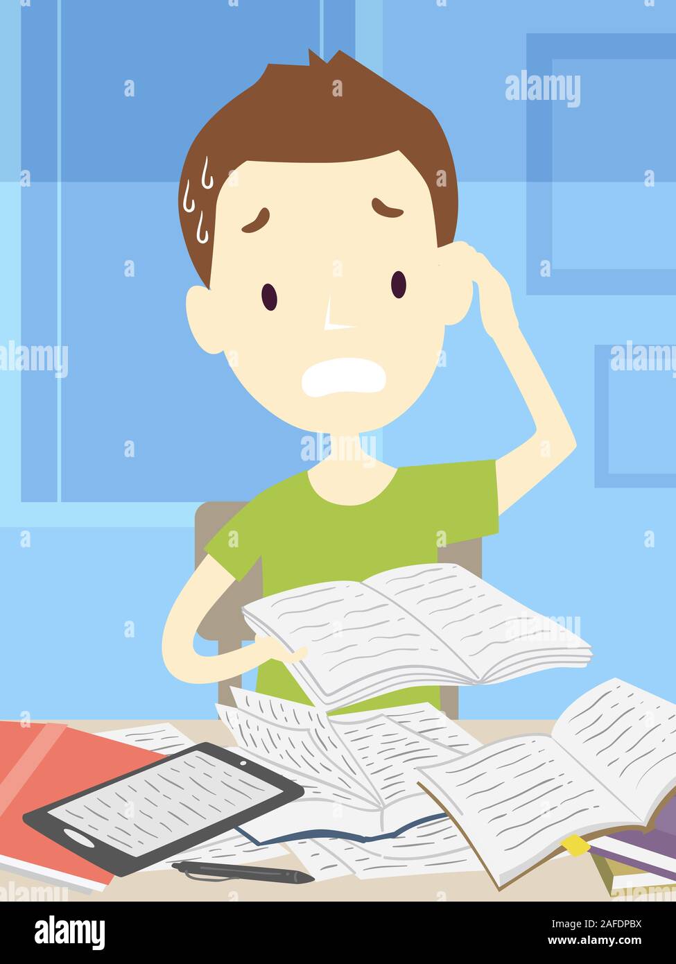 Illustration of a Teenage Guy Scratching Head Worried and Looking Over at Several Open Books, Cramming for an Exam Stock Photo