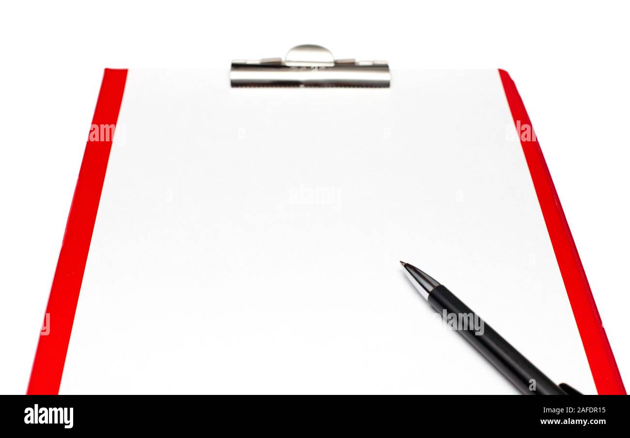 Blank paper sheet on red clipboard with pen on white background Stock ...