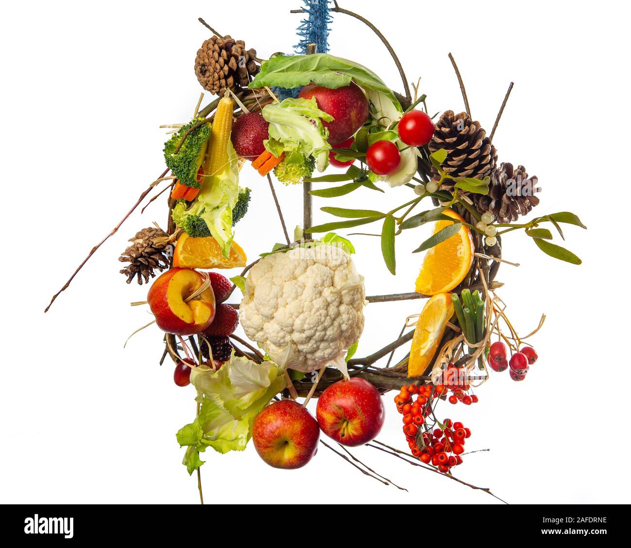 Fruit and Vegetable Christmas themed Ornamental Wreath on a White