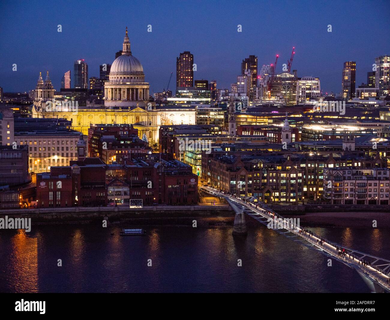 St Paul's Cathedral, Millennium Bridge, River Thames, Nigh Time, London, England, UK, GB. Stock Photo