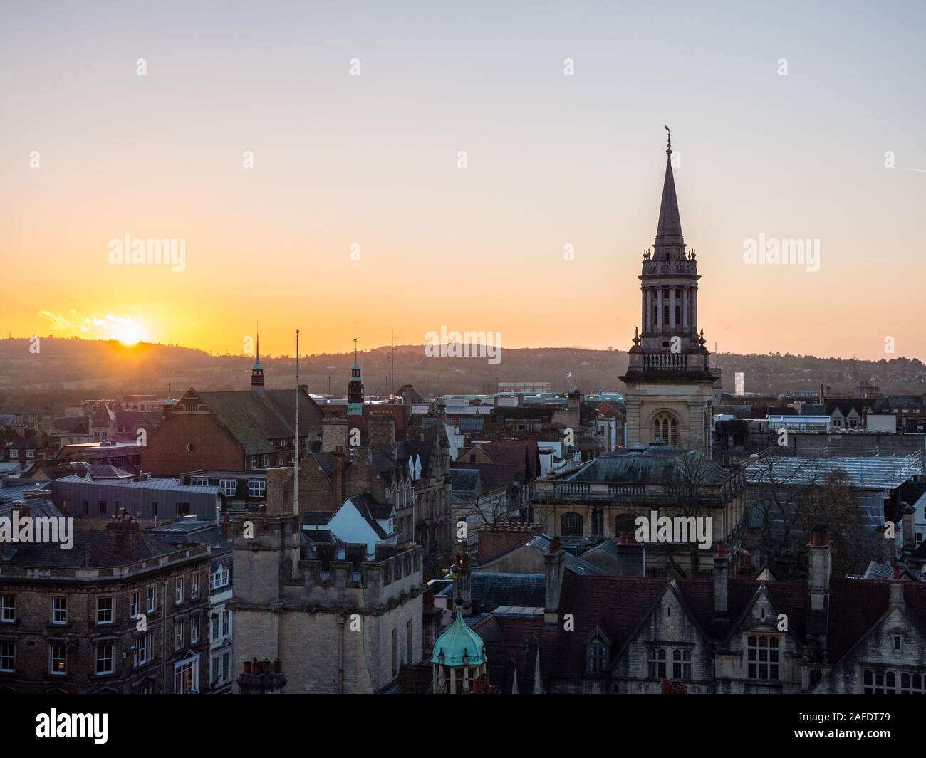 Oxford Sunset, All Saints Church Spire, Library of Lincoln College, Oxford University, Oxford, Oxfordshire, England, UK, GB. Stock Photo