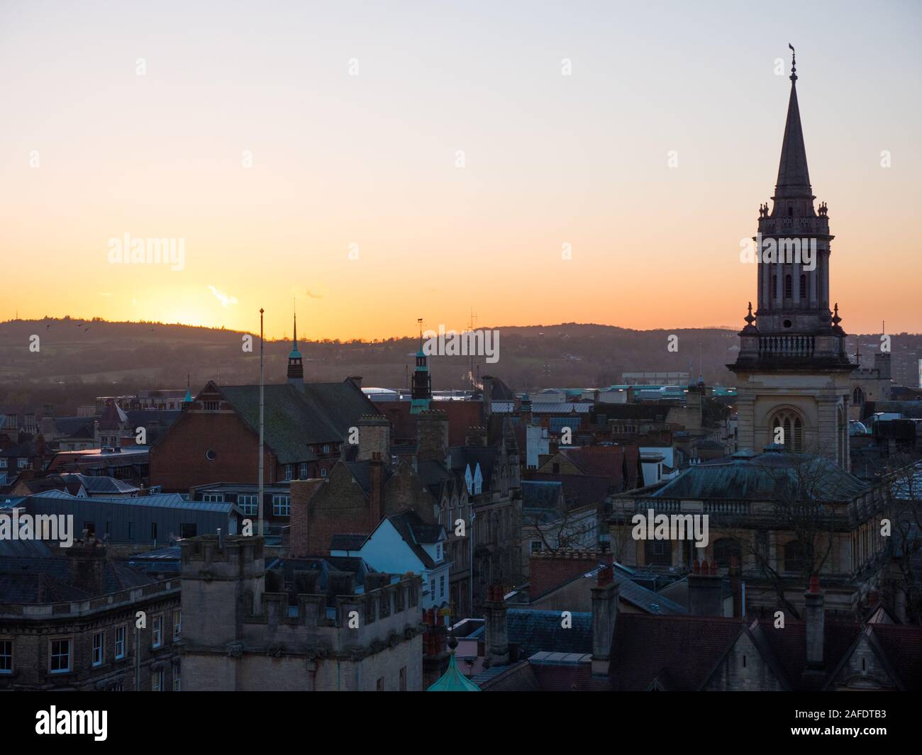 Oxford Sunset, All Saints Church Spire, Library of Lincoln College, Oxford University, Oxford, Oxfordshire, England, UK, GB. Stock Photo