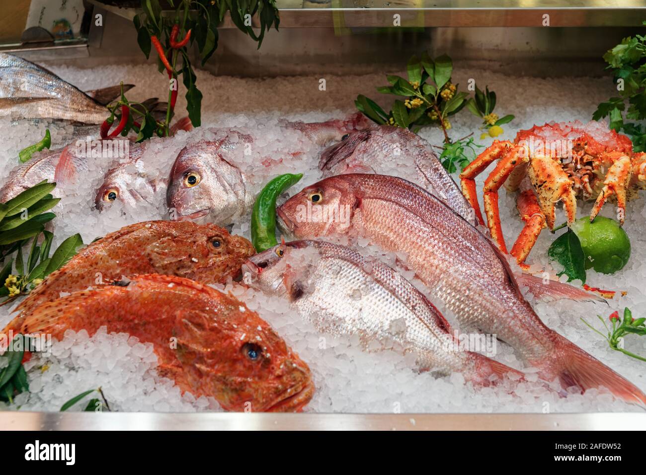 Raw fish and crab on supermarket display, food store Stock Photo
